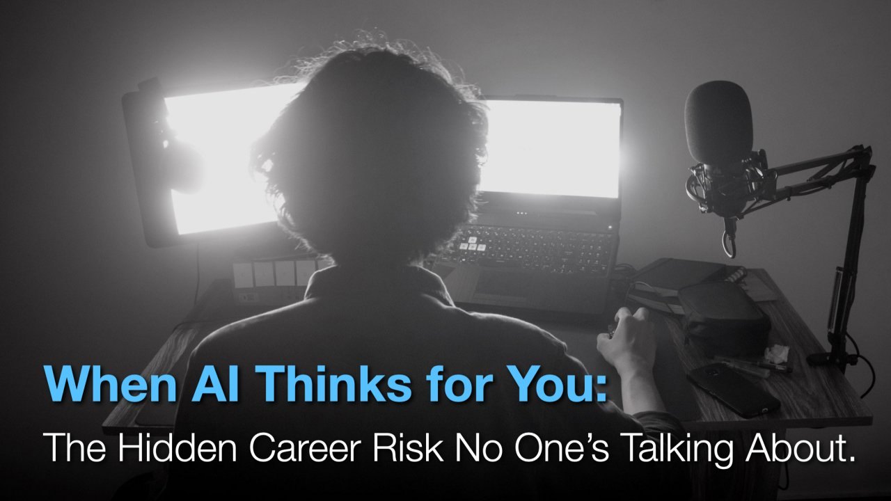 A person silhouetted at a desk between bright monitors and a microphone — When AI Thinks for You: the hidden career risk no one's talking about