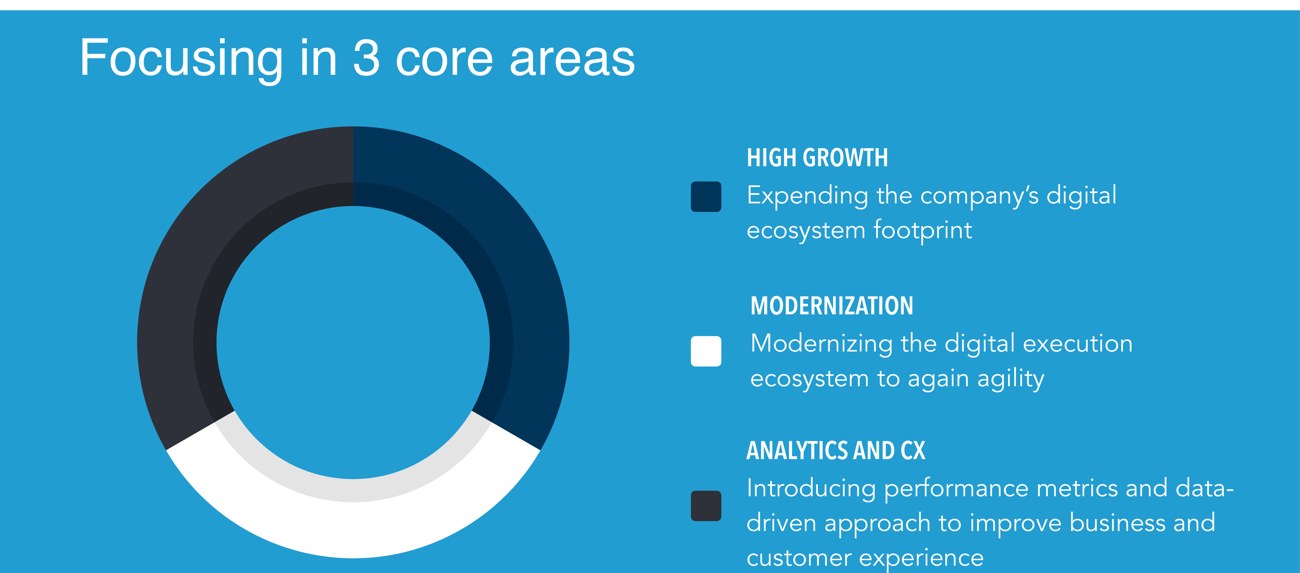Three core areas: High Growth, Modernization, and Analytics and CX