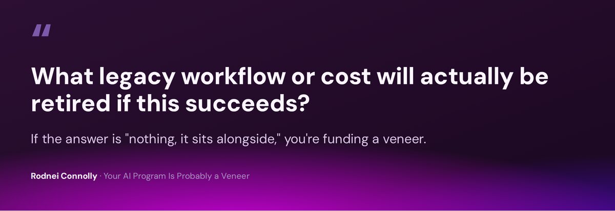 Quote card asking what legacy workflow or cost will actually be retired if this succeeds, noting that if the answer is nothing and it sits alongside, you're funding a veneer